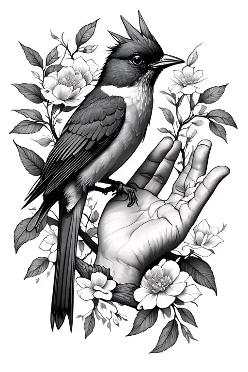 songbird in floral vine intertwined and a hand reaching upward  tattoo design idea