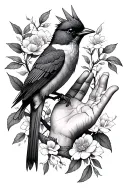 songbird in floral vine intertwined and a hand reaching upward  tattoo design idea