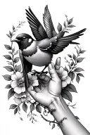 songbird in floral vine intertwined and a hand reaching upward  tattoo design idea