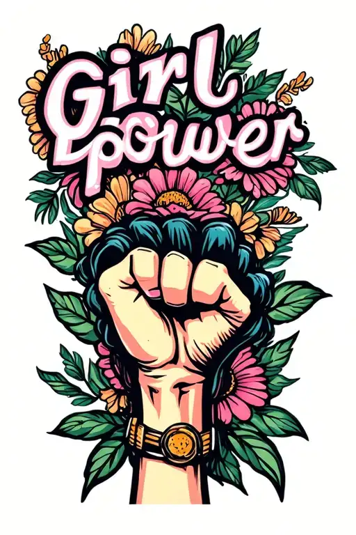 "Girl Power" fist with flowers in the background tattoo design idea