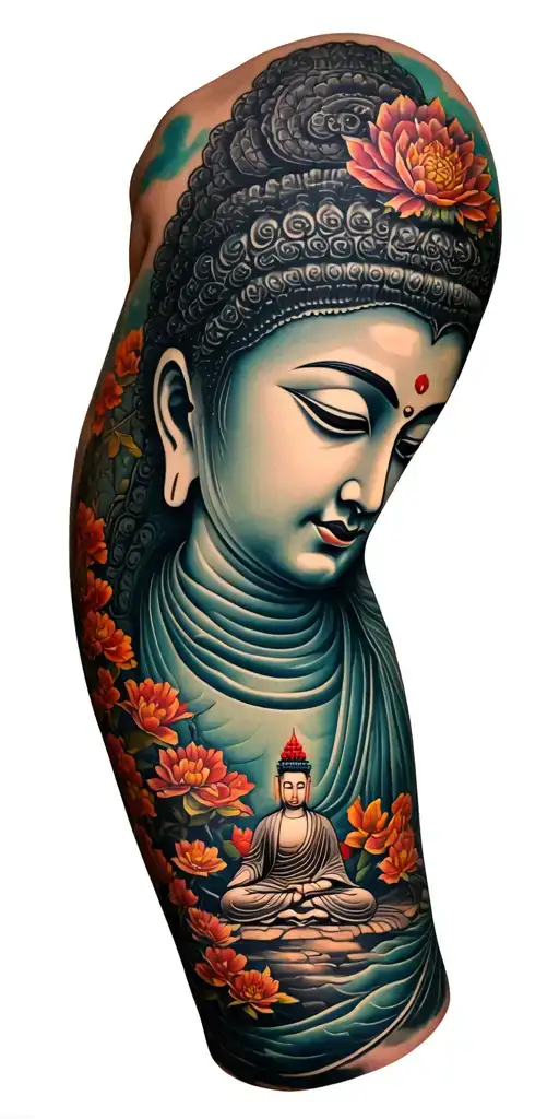Buddhist tatto representing path of enlightenment along sleeve from wrist to shoulder tattoo design idea