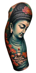 Buddhist tatto representing path of enlightenment along sleeve from wrist to shoulder tattoo design idea