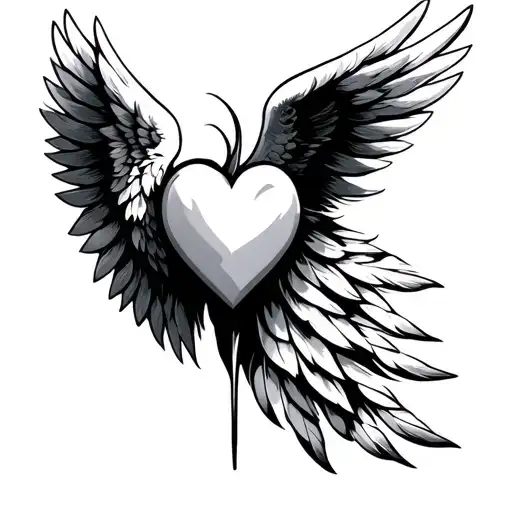 Heart, Angel Wings with 12 feathers, masculine, minimalist tattoo design idea