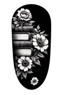 stack of books behind a half sleeve of flowers tattoo design idea