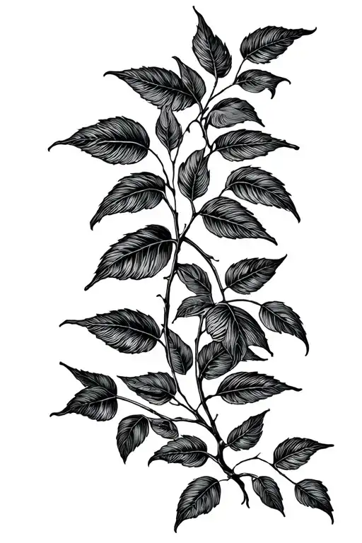 The willow vine in the style of engravings, the leaves of the branch reach the end of the hand, the tattoo should be narrow and long tattoo design idea
