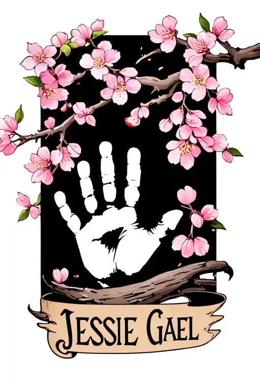 "Jessie Gael" black and white baby hand print with a few pink cherry blossom branch tattoo design idea