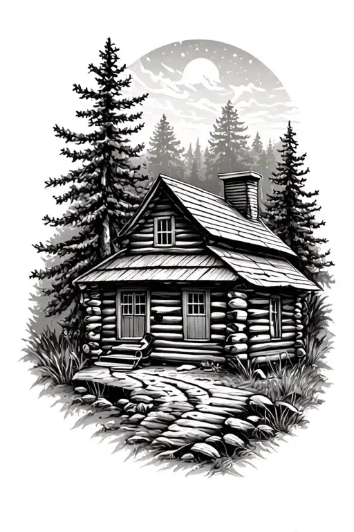Log Cabin With An Acoustic Guitar Nature Scene  tattoo design idea