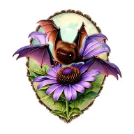 brown bat and purple cone flower tattoo design idea
