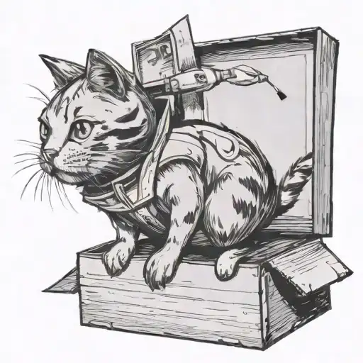 cat playing in a cardboard box pretending to be on a rocket, he is apparently very happy while riding the box, side view tattoo design idea