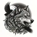 vicious wolf with 2 ravens tattoo design idea