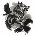vicious wolf with 2 ravens tattoo design idea