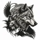 vicious wolf with 2 ravens tattoo design idea