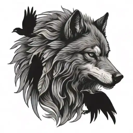 vicious wolf with 2 ravens tattoo design idea