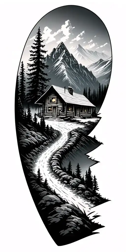 Mountain cabin and trail winding road leading its pack tattoo design idea