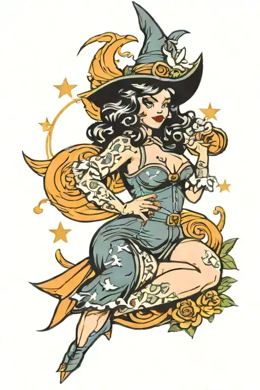 chubby pinup witch tattoo design idea
