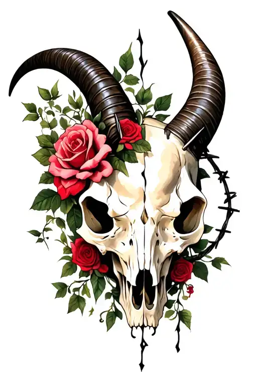 Long horn skull with roses and vines on the left side horn and barb wire on the right side horn tattoo design idea
