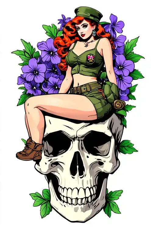 pinup girl military sitting on a skull with violets tattoo design idea