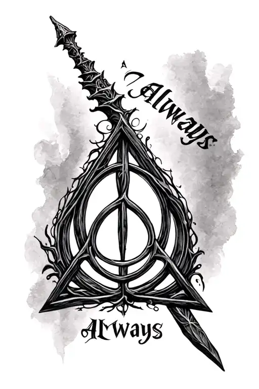 Deathly Hallows symbol with elder wand extended towards wrist, from the tip of the elder wand the word ' always ' tattoo design idea