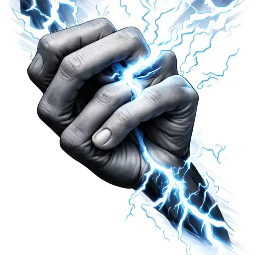 Hyperrealistic tattoo design of a human hand gripping a searing white lightning bolt, anatomical detail, plasma arcing. tattoo design idea