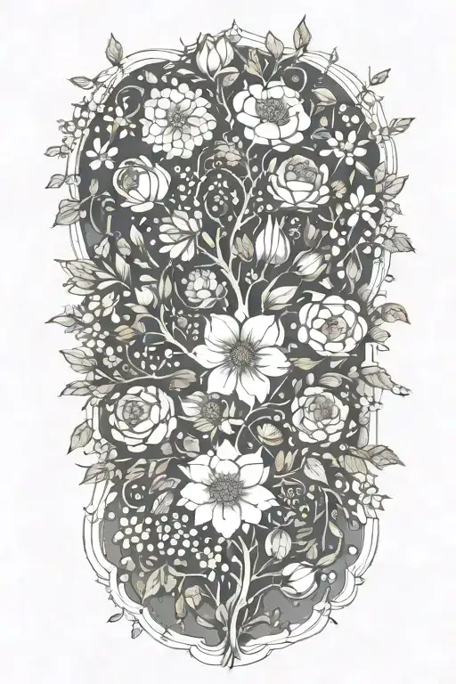 birth flower bouquet with May, August, October, November, February flowers with tree branches tattoo design idea