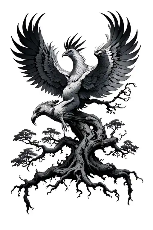 banyan tree with phoenix rising from addiction tattoo design idea