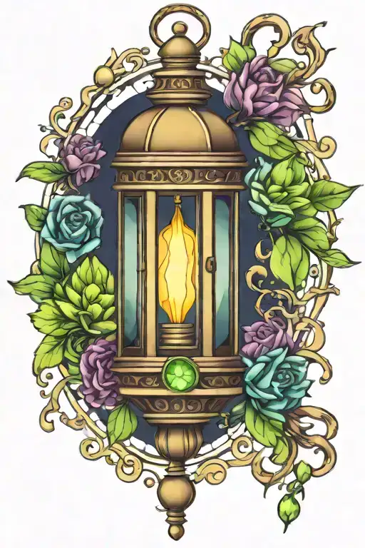 lantern with peridot and alexandrite gemstones tattoo design idea