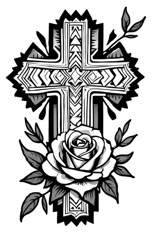Mexican style cross tattoo with Aztec writing with a rose wrapped around the cross. tattoo design idea