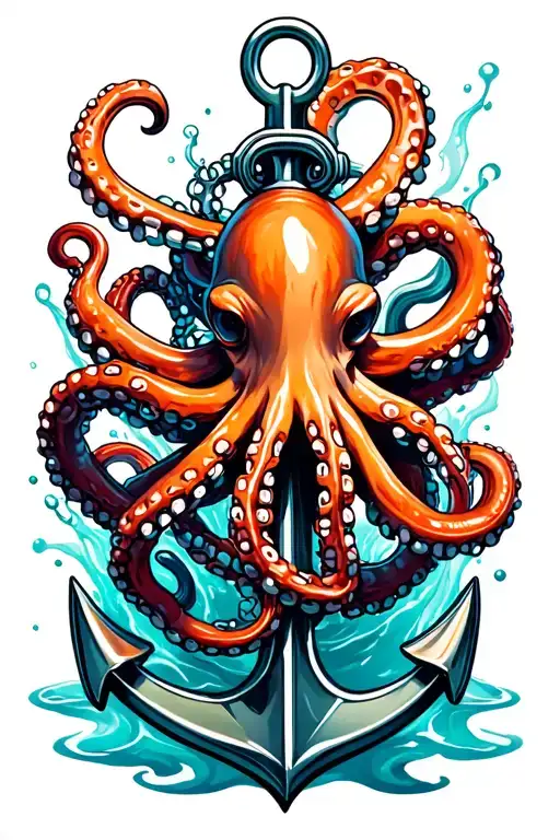 octopus wrapped around anchor in water with broken chain tattoo design idea