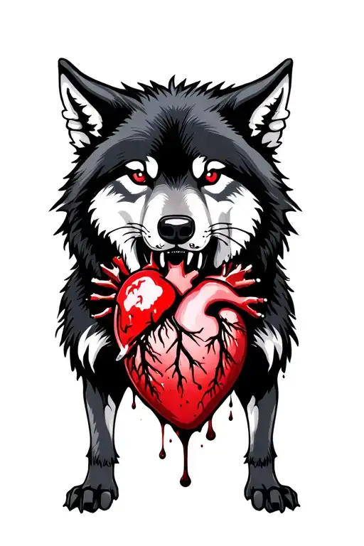 black wolf staring forward, red eyes, biting human heart with blood dripping down tattoo design idea