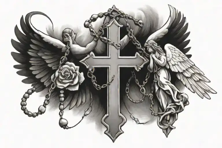 rosary, angel, cross, doves tattoo design idea