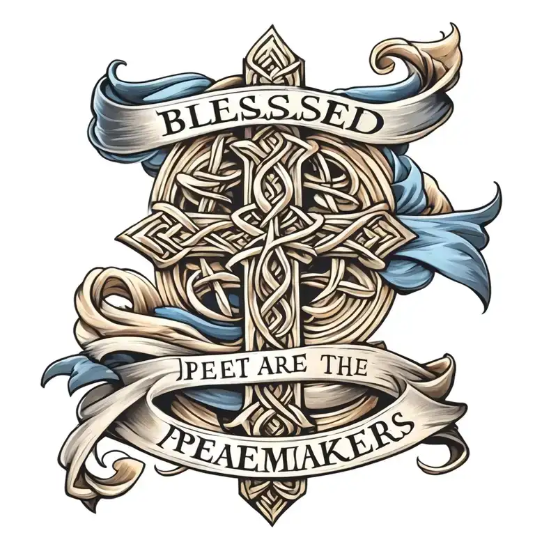 gold celtic cross.  "blessed are the peacemakers" on flowing blue sash draped on cross tattoo design idea