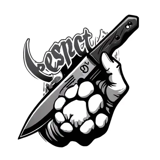 hand holding a Japanese knife with a dog paw on the blade, the word "Respect,"  tattoo design idea