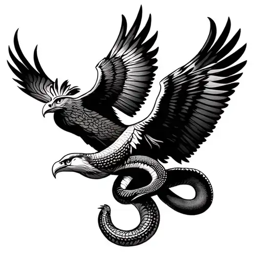 aztec eagle and aztec snake battling each other mid air tattoo design idea