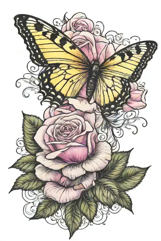 pink rose and a yellow butterfly  tattoo design idea