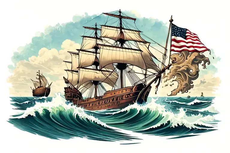 3 mast ship crashing through wave with posiedon emerging on other side tattoo design idea