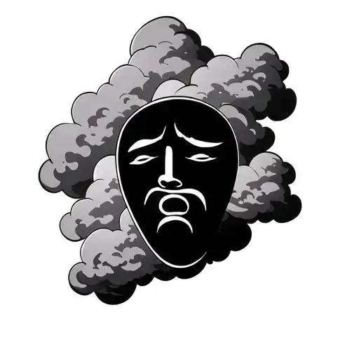 happy face with sad mask and clouds surrounding  tattoo design idea