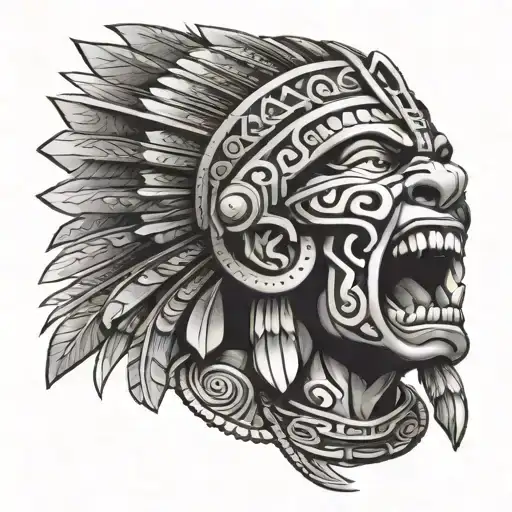 screaming Aztec warrior face with tongue out  tattoo design idea