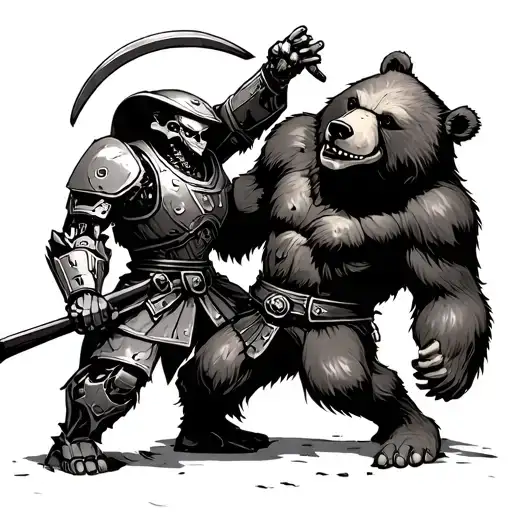 a half robot samurai fighting a pirate bear tattoo design idea