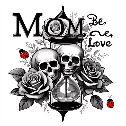 "Mom, BE LOVE " memorial piece featuring skulls roses hour glass roses and lady bugs  tattoo design idea