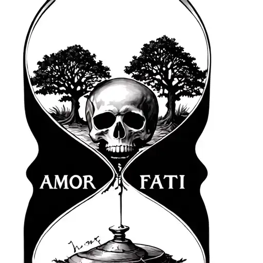 hourglass with trees inside on the top skull on the bottom inside the hourglass with amor fati on top and memento mori tattoo design idea