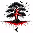 An oak tree that look old & sacred being struck by a single lightning but not disturbing the eagle who is perched on it tattoo design idea