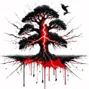 An oak tree that look old & sacred being struck by a single lightning but not disturbing the eagle who is perched on it tattoo design idea