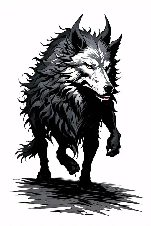 black fenrir muscular large walking forward runes above head tattoo design idea