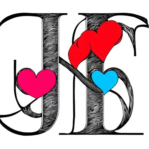 Infinity  symbol in black modern design with  a red heart,a blue heart and a pink heart.on skin with a letters JCT in fa tattoo design idea