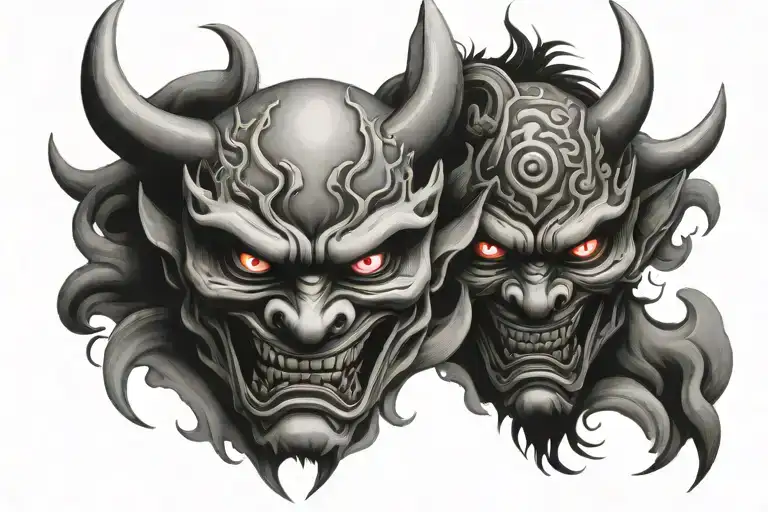 oni mask split in half tattoo design idea