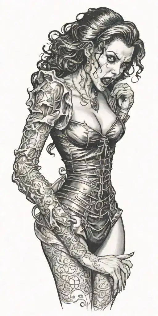 Male vampire bitting gothing pinup girl from behind tattoo design idea