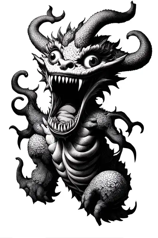 japanesse demon with big mouth and crazy eyes tattoo design idea