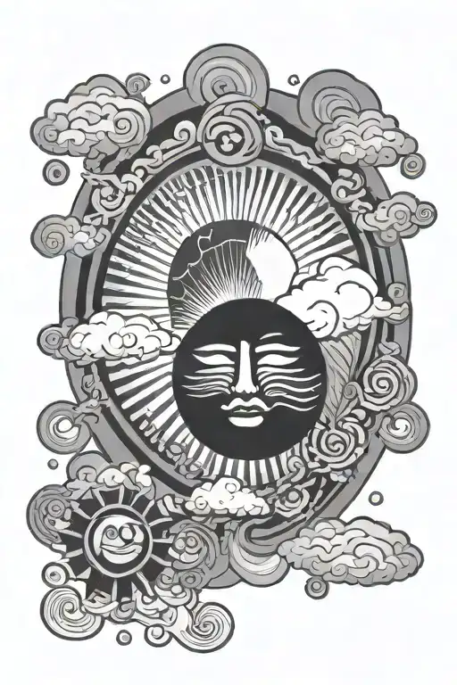 Circular sun with face and Japanese style clouds floating tattoo design idea