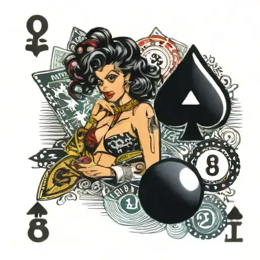 poker and 8 ball pool, mixture showing 25/9/1989, $25 chip, american 9 ball, Ace 9 8 9 different suits, with background tattoo design idea