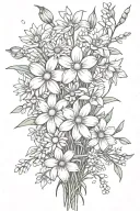 daisies and daffodils with cherry blossoms, snow drops, violets, greenery stems bouquet  tattoo design idea